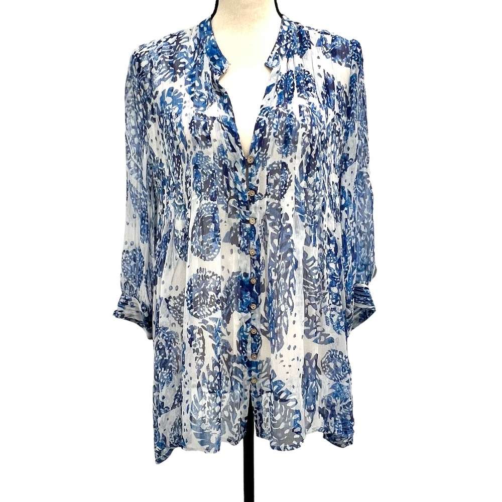 JOIE MESA WHITE W BLUE PAISLEY SILK CHIFFON PINTUCKED SHEER LOOSE TOP